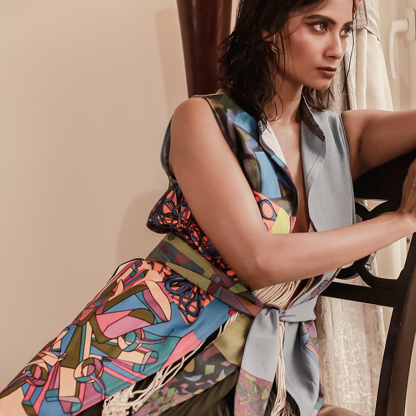 Split Frame-Cubist Print Wrap Top