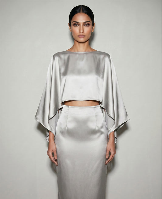 Fluid Satin Cape Top – Silver