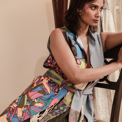 Split Frame-Cubist Print Wrap Top